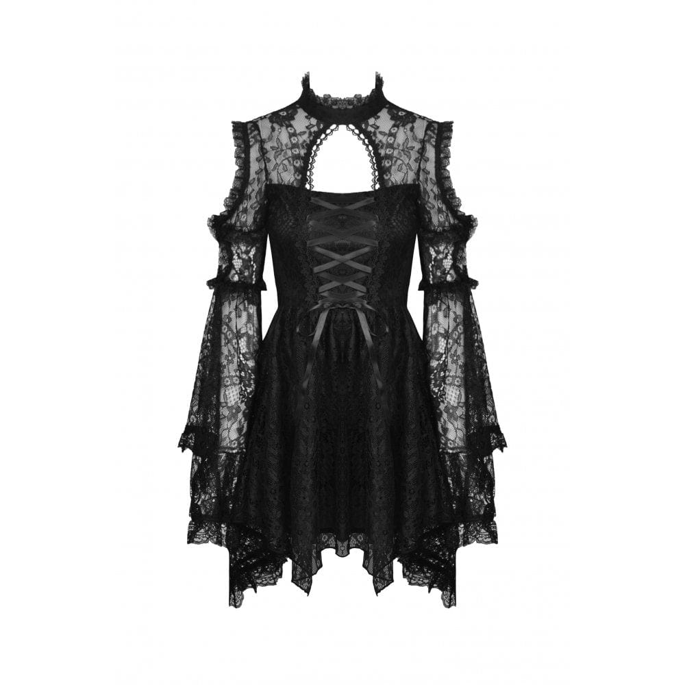 Darkinlove Women's Gothic Puff Sleeved Off Shoulder Floral Lace Dress