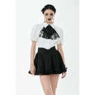 Darkinlove Women's Gothic Puff Sleeved Short Sleeved Shirt with Lace Bow Tie
