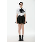 Darkinlove Women's Gothic Puff Sleeved Short Sleeved Shirt with Lace Bow Tie