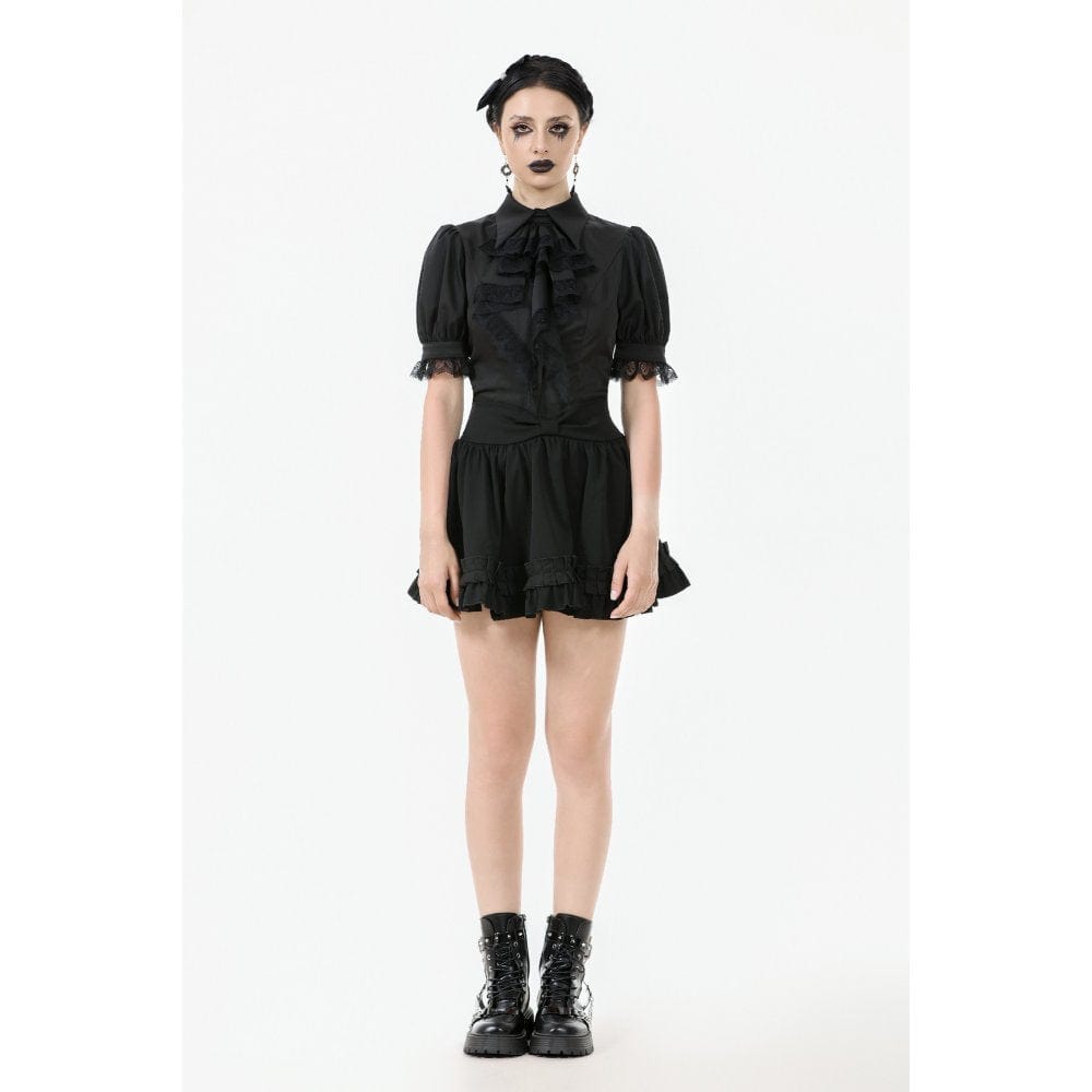 Darkinlove Women's Gothic Puff Sleeved Short Sleeved Shirt with Lace Tie