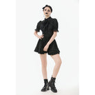 Darkinlove Women's Gothic Puff Sleeved Short Sleeved Shirt with Lace Tie