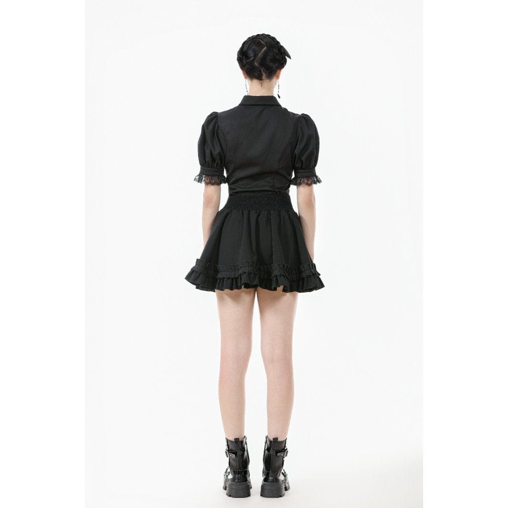 Darkinlove Women's Gothic Puff Sleeved Short Sleeved Shirt with Lace Tie