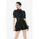 Darkinlove Women's Gothic Puff Sleeved Short Sleeved Shirt with Lace Tie