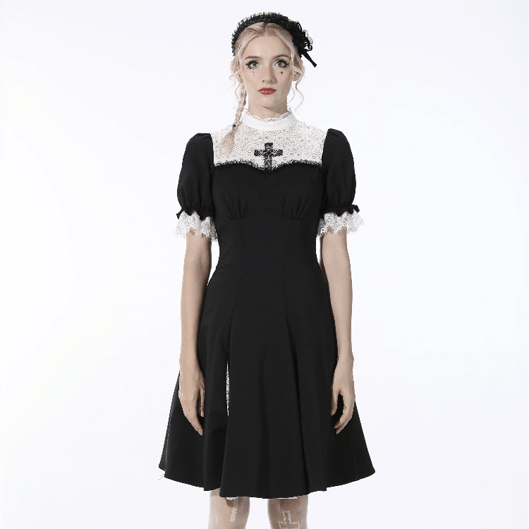 Darkinlove Women's Gothic Puff Sleeved Splice Black Dress