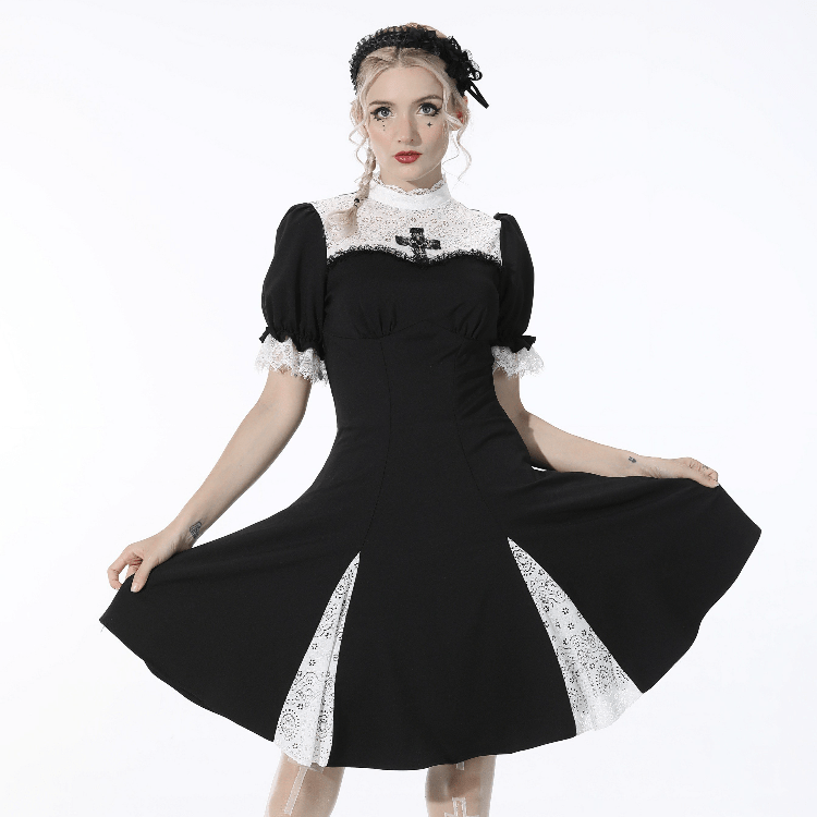 Darkinlove Women's Gothic Puff Sleeved Splice Black Dress