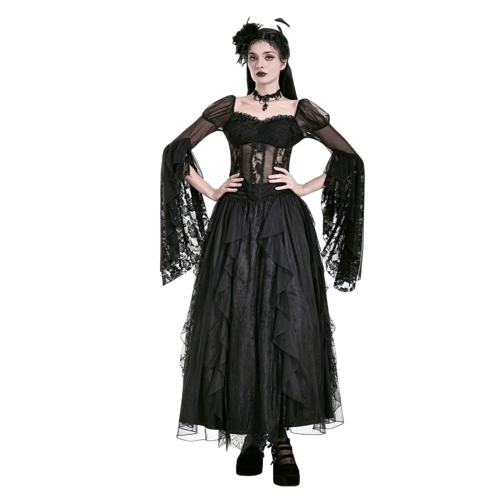Darkinlove Women's Gothic Retro Ruffle Layered Lace Mesh Maxi Skirt