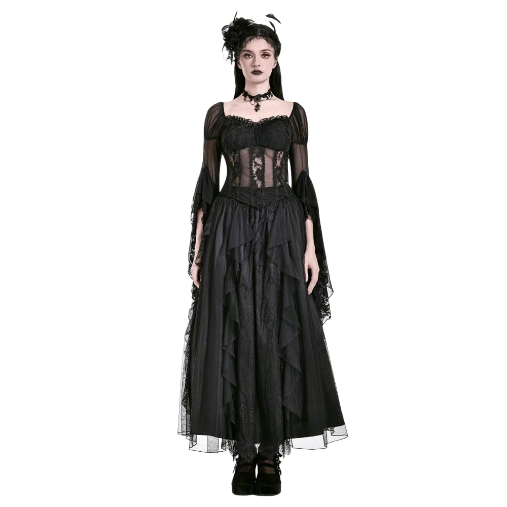 Darkinlove Women's Gothic Retro Ruffle Layered Lace Mesh Maxi Skirt