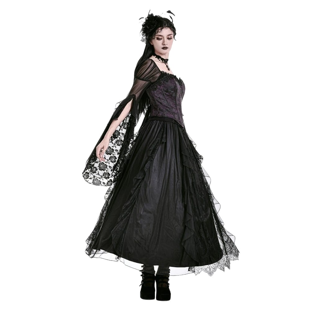 Darkinlove Women's Gothic Retro Ruffle Layered Lace Mesh Maxi Skirt