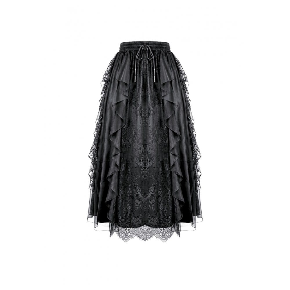 Darkinlove Women's Gothic Retro Ruffle Layered Lace Mesh Maxi Skirt