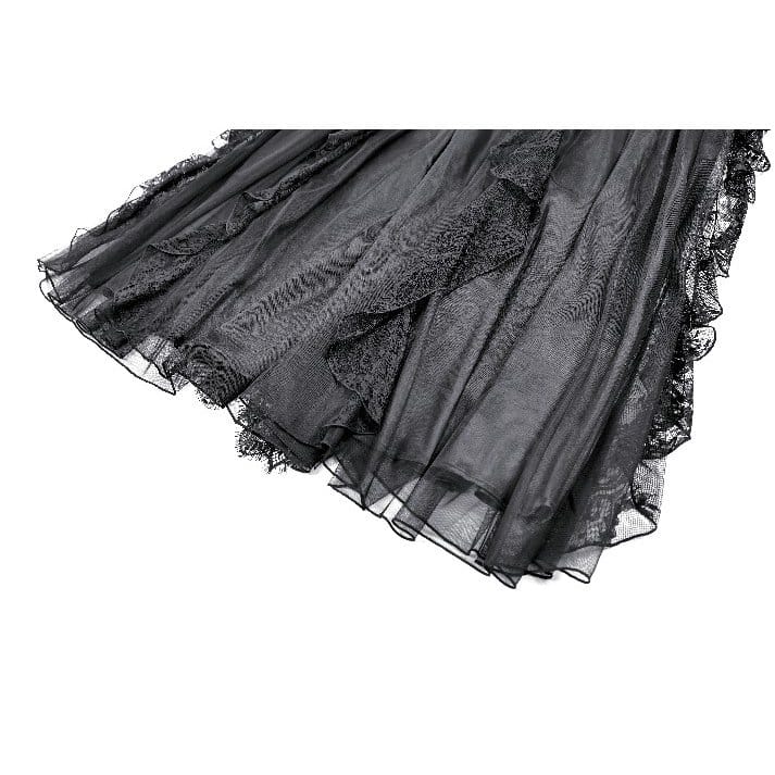 Darkinlove Women's Gothic Retro Ruffle Layered Lace Mesh Maxi Skirt