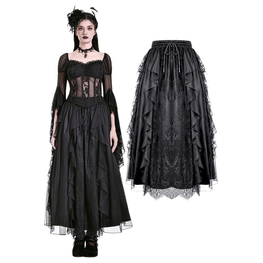 Darkinlove Women's Gothic Retro Ruffle Layered Lace Mesh Maxi Skirt