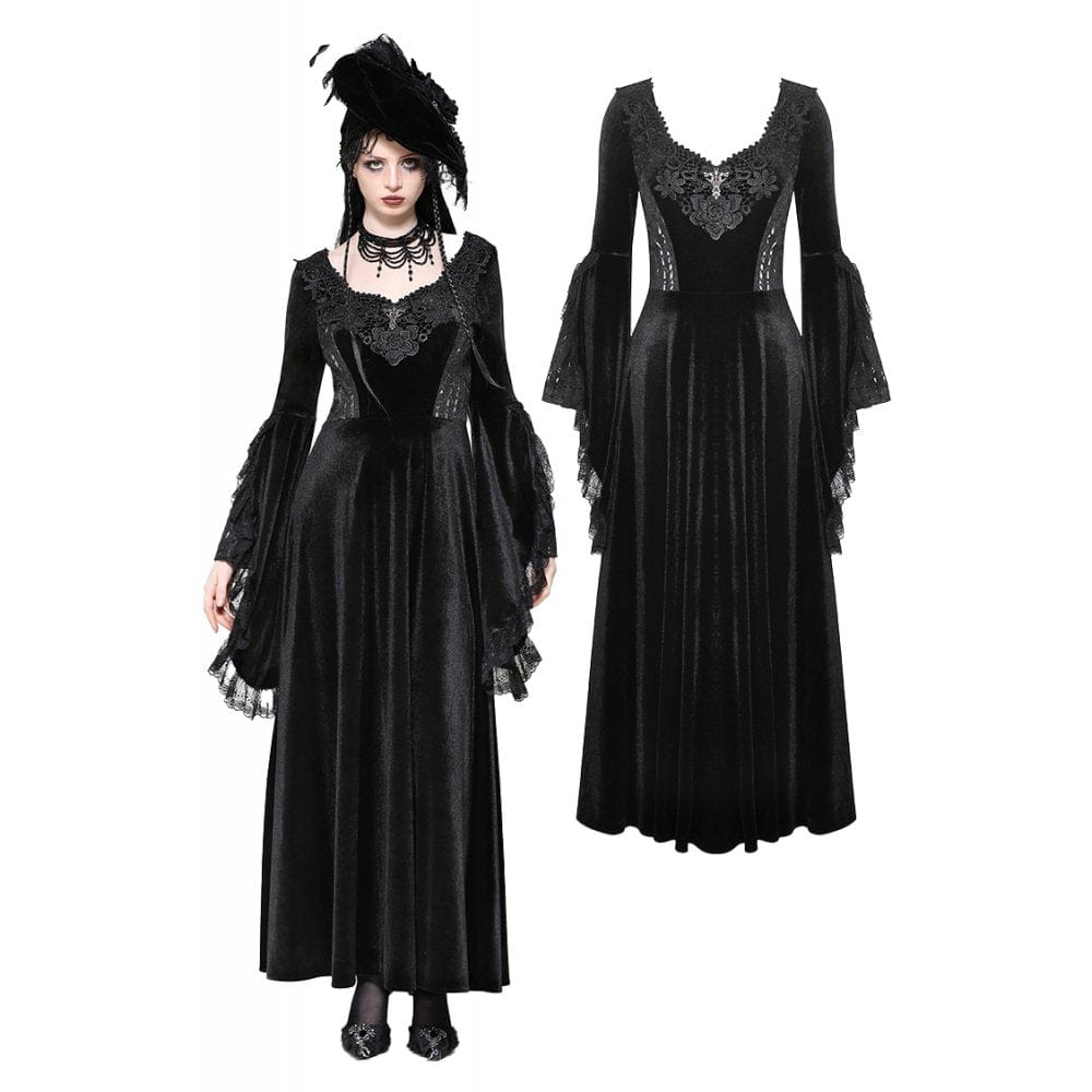 Darkinlove Women's Gothic Ripped Lace Velvet Maxi Dress Wedding Dress