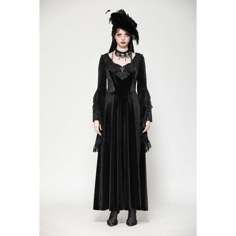 Darkinlove Women's Gothic Ripped Lace Velvet Maxi Dress Wedding Dress