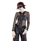 Darkinlove Women's Gothic Rivet Zipper Hooded Long Sleeve Mesh Top