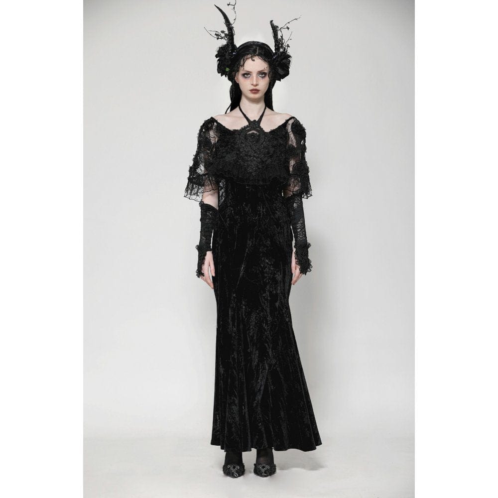 Darkinlove Women's Gothic Rose Embroidered Velvet Prom Fishtail Dress