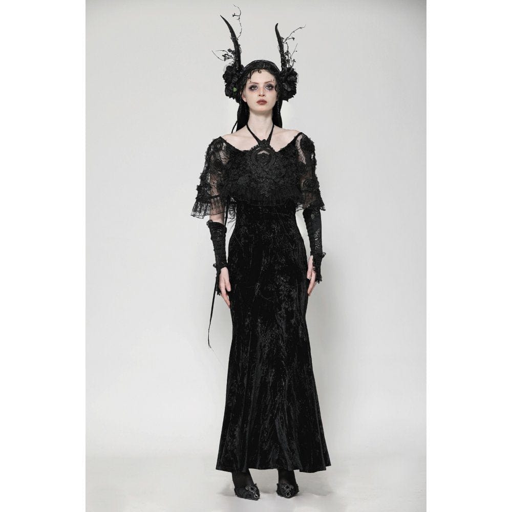 Darkinlove Women's Gothic Rose Embroidered Velvet Prom Fishtail Dress