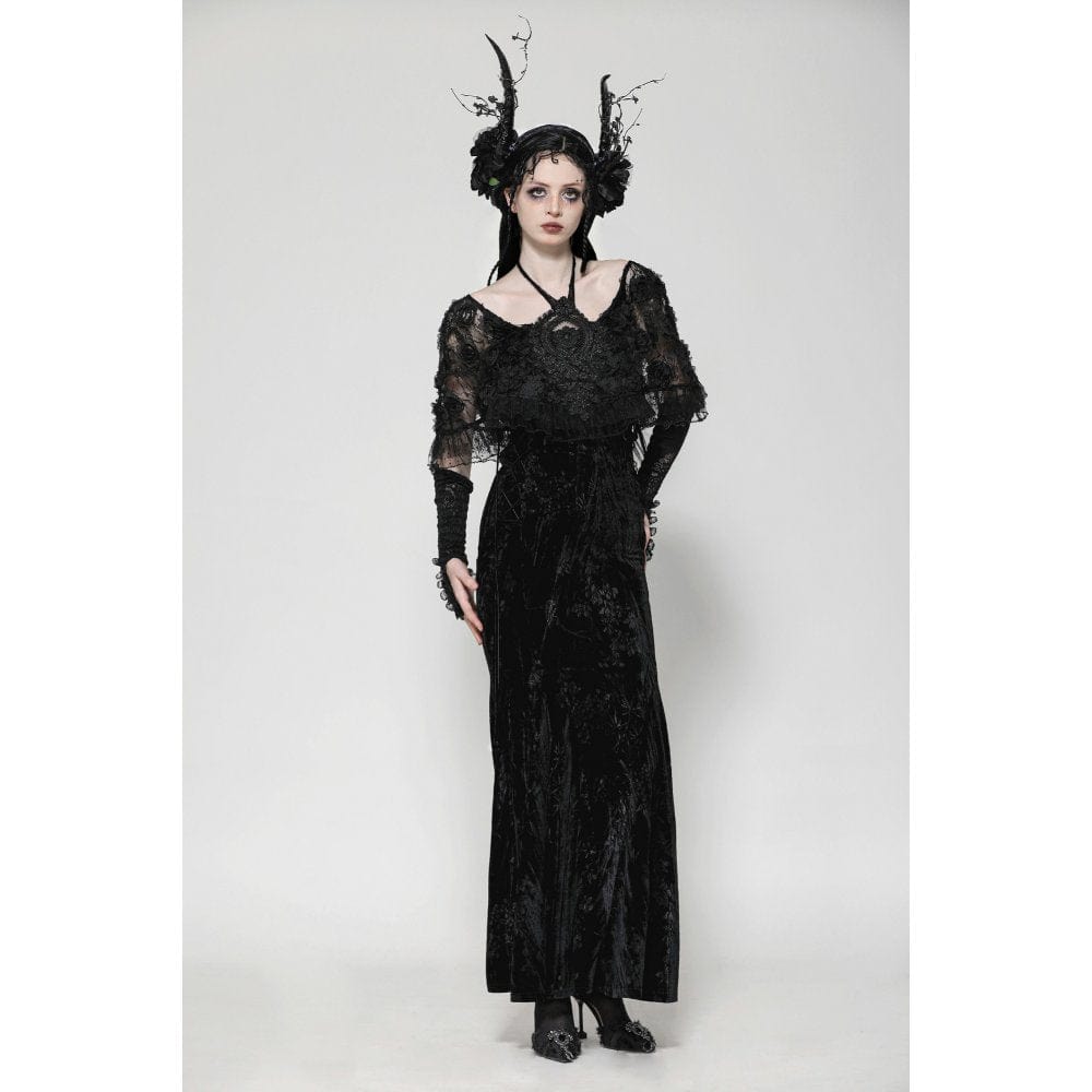 Darkinlove Women's Gothic Rose Embroidered Velvet Prom Fishtail Dress