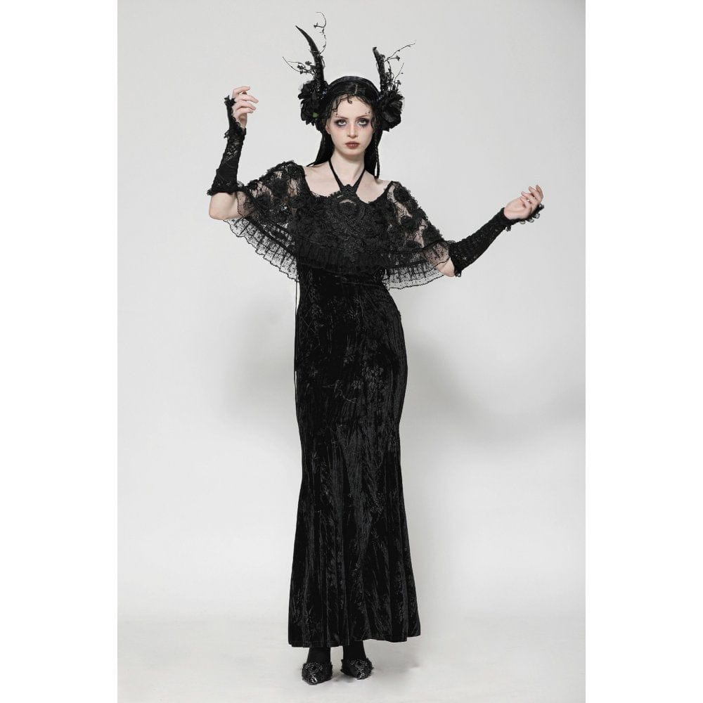 Darkinlove Women's Gothic Rose Embroidered Velvet Prom Fishtail Dress