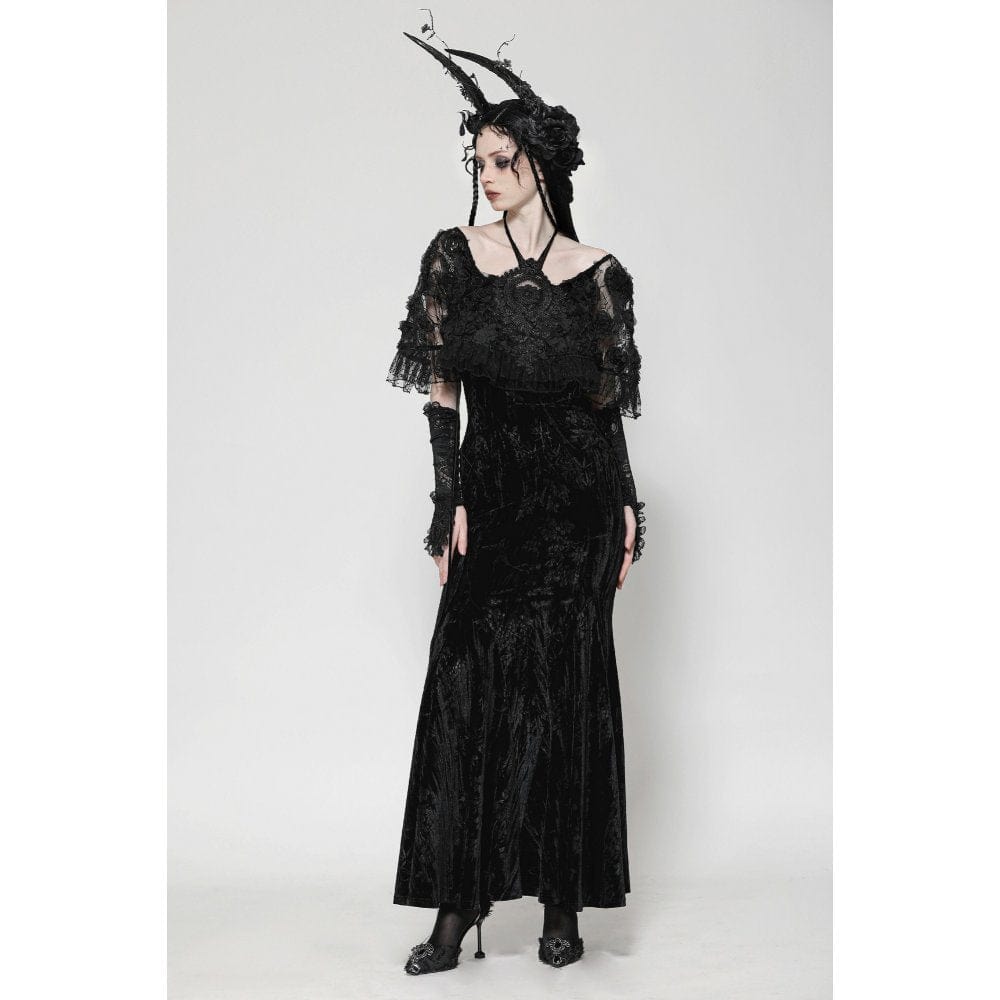 Darkinlove Women's Gothic Rose Embroidered Velvet Prom Fishtail Dress