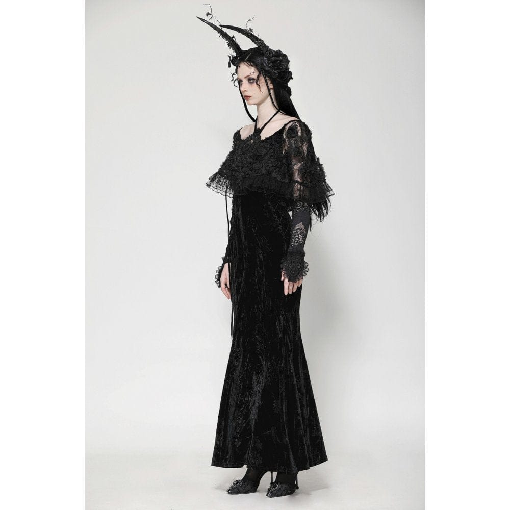 Darkinlove Women's Gothic Rose Embroidered Velvet Prom Fishtail Dress