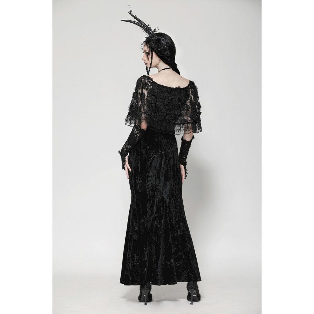 Darkinlove Women's Gothic Rose Embroidered Velvet Prom Fishtail Dress