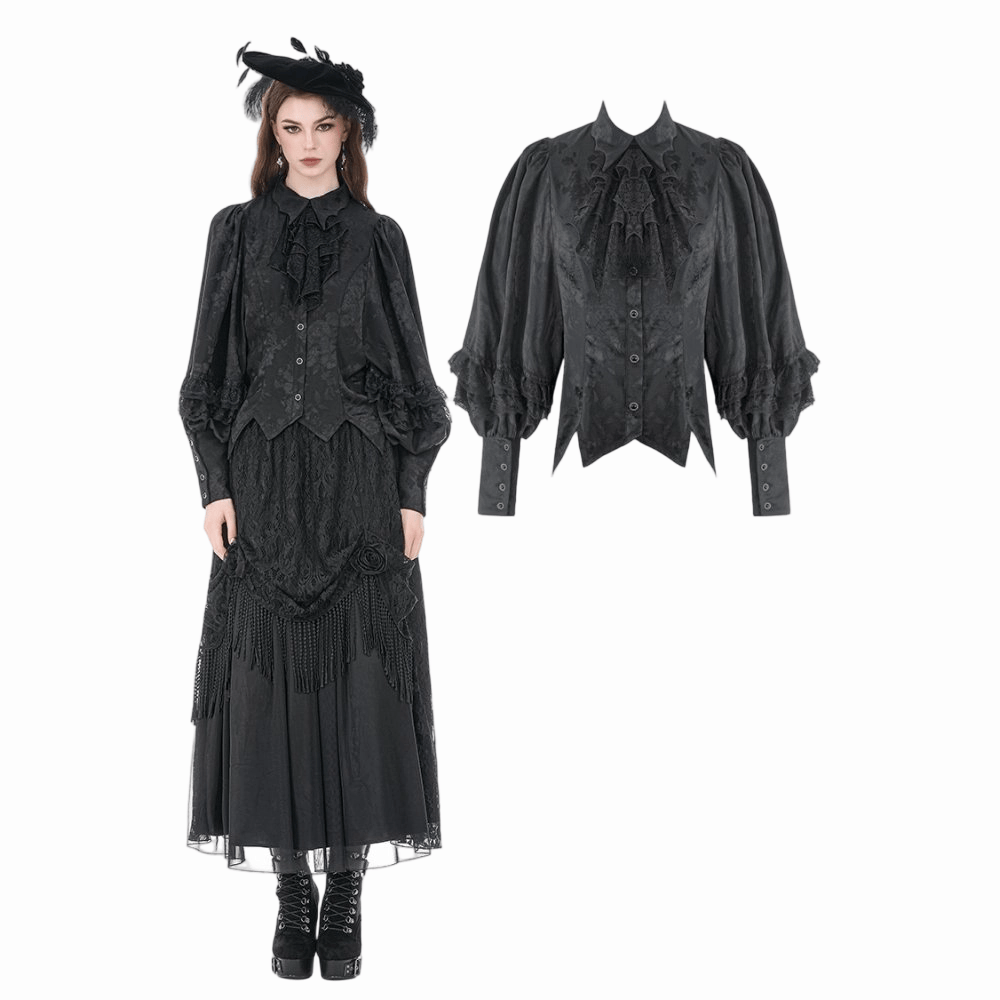 Darkinlove Women's Gothic Rose Jacquard Irregular Hem Long Sleeve Shirt with Detachable Tie