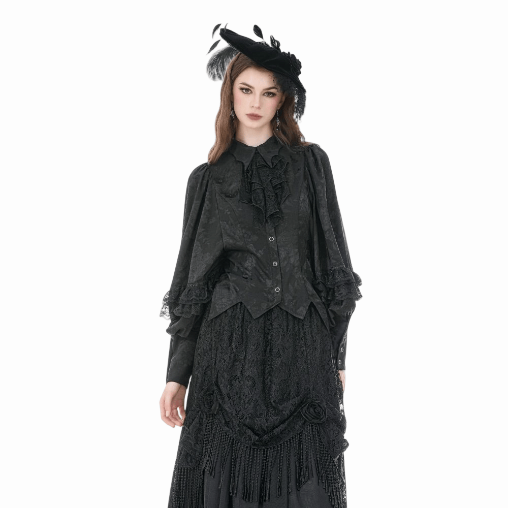 Darkinlove Women's Gothic Rose Jacquard Irregular Hem Long Sleeve Shirt with Detachable Tie