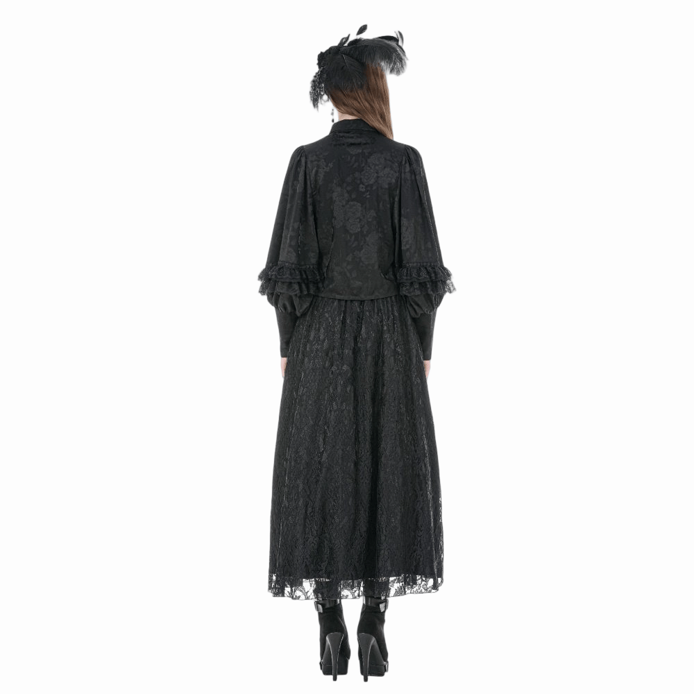 Darkinlove Women's Gothic Rose Jacquard Irregular Hem Long Sleeve Shirt with Detachable Tie