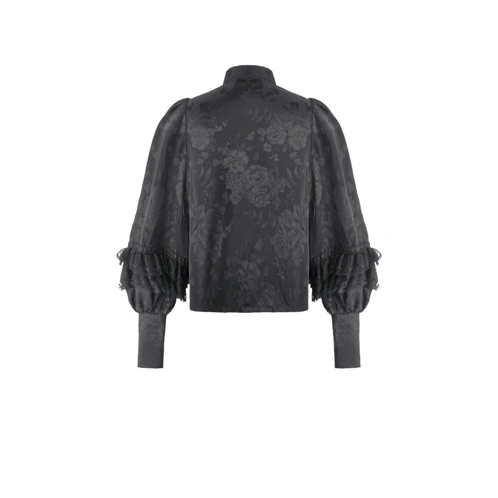 Darkinlove Women's Gothic Rose Jacquard Irregular Hem Long Sleeve Shirt with Detachable Tie