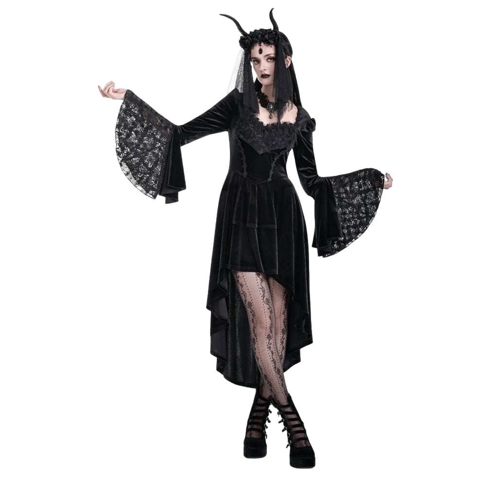 Darkinlove Women's Gothic Rose Lace Splice Ruffle High-Low Hem Flare Sleeve Velvet Dress