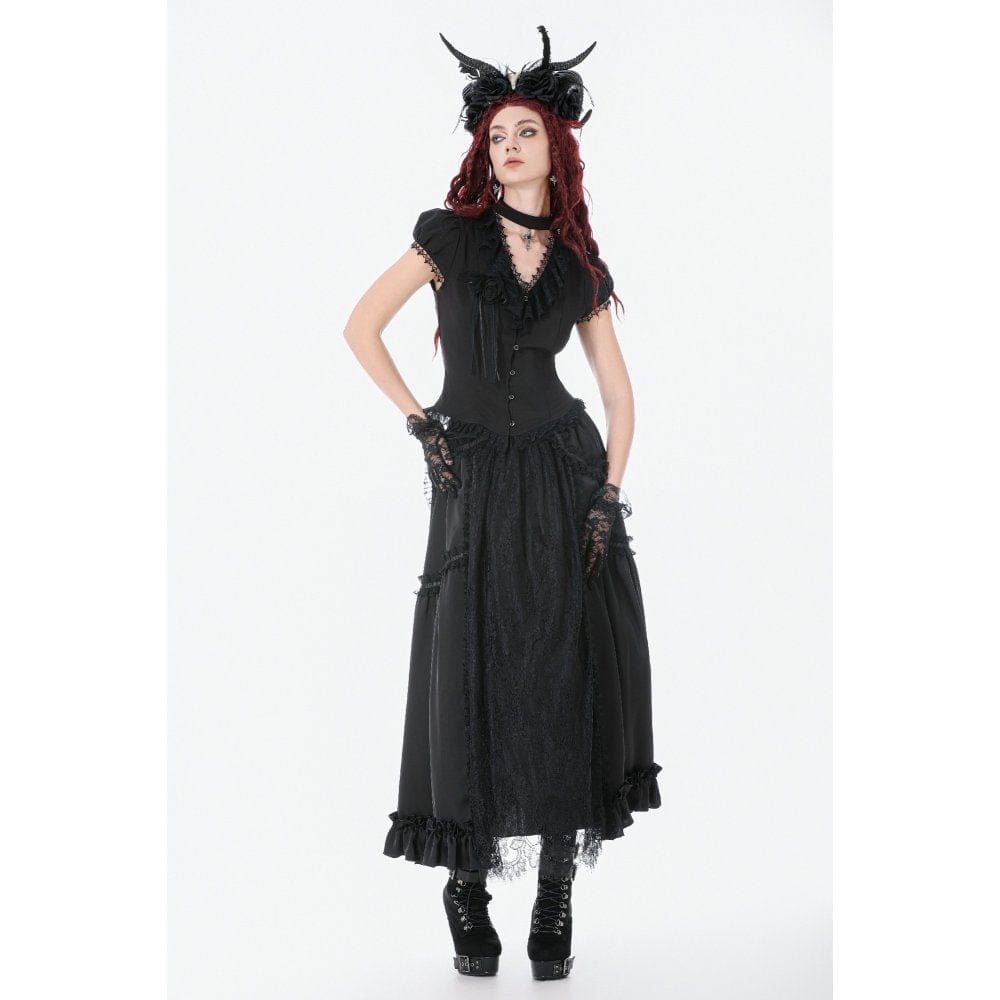 Darkinlove Women's Gothic Rose Ruffled Plunging Short Sleeved Shirt