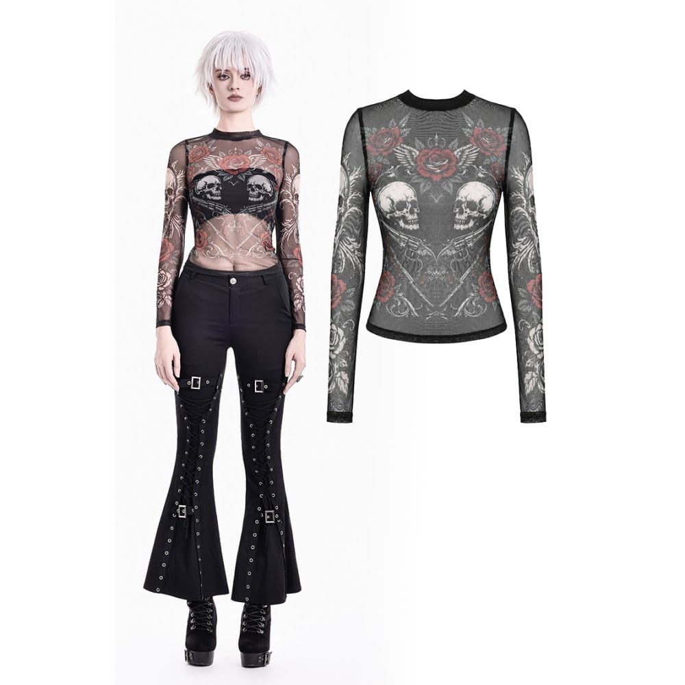 Darkinlove Women's Gothic Rose Skull Printed Mesh Sheer Long Sleeve Top