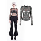 Darkinlove Women's Gothic Rose Skull Printed Mesh Sheer Long Sleeve Top