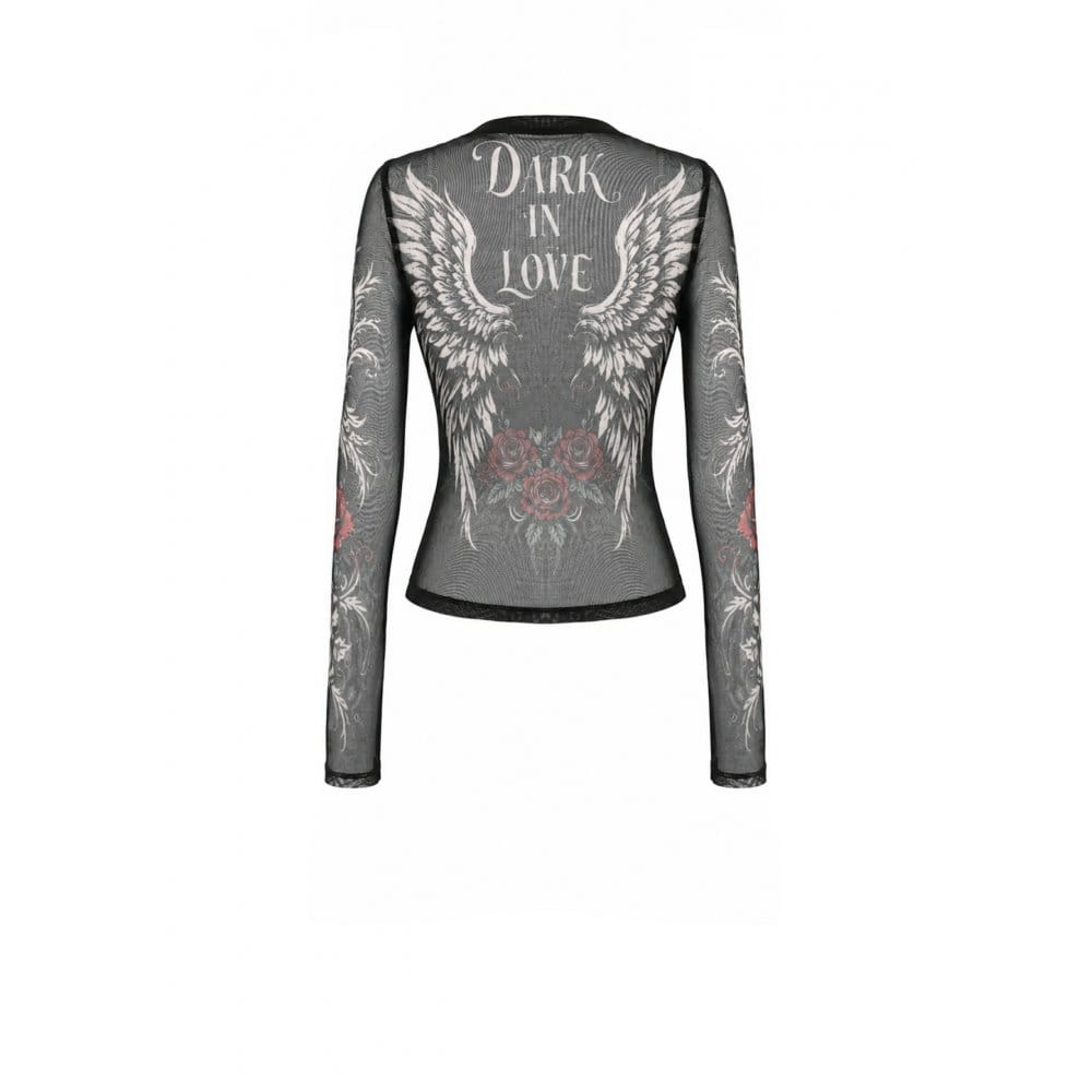 Darkinlove Women's Gothic Rose Skull Printed Mesh Sheer Long Sleeve Top