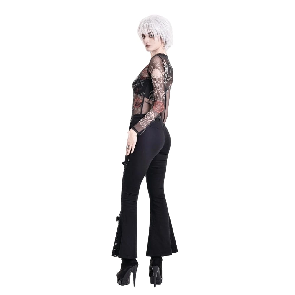 Darkinlove Women's Gothic Rose Skull Printed Mesh Sheer Long Sleeve Top