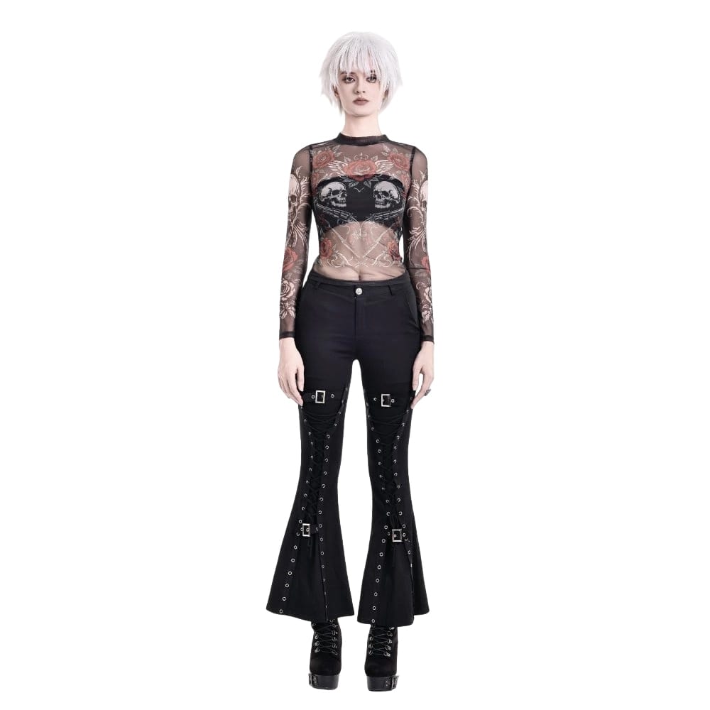 Darkinlove Women's Gothic Rose Skull Printed Mesh Sheer Long Sleeve Top