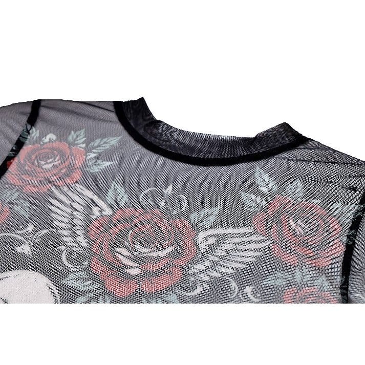 Darkinlove Women's Gothic Rose Skull Printed Mesh Sheer Long Sleeve Top