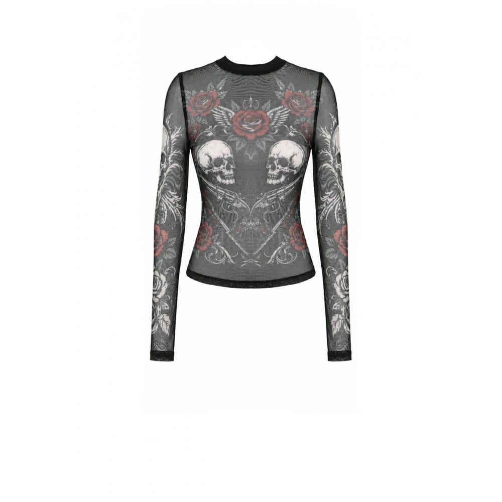 Darkinlove Women's Gothic Rose Skull Printed Mesh Sheer Long Sleeve Top