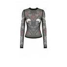 Darkinlove Women's Gothic Rose Skull Printed Mesh Sheer Long Sleeve Top