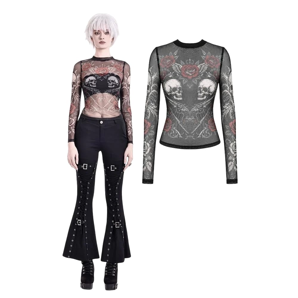 Darkinlove Women's Gothic Rose Skull Printed Mesh Sheer Long Sleeve Top