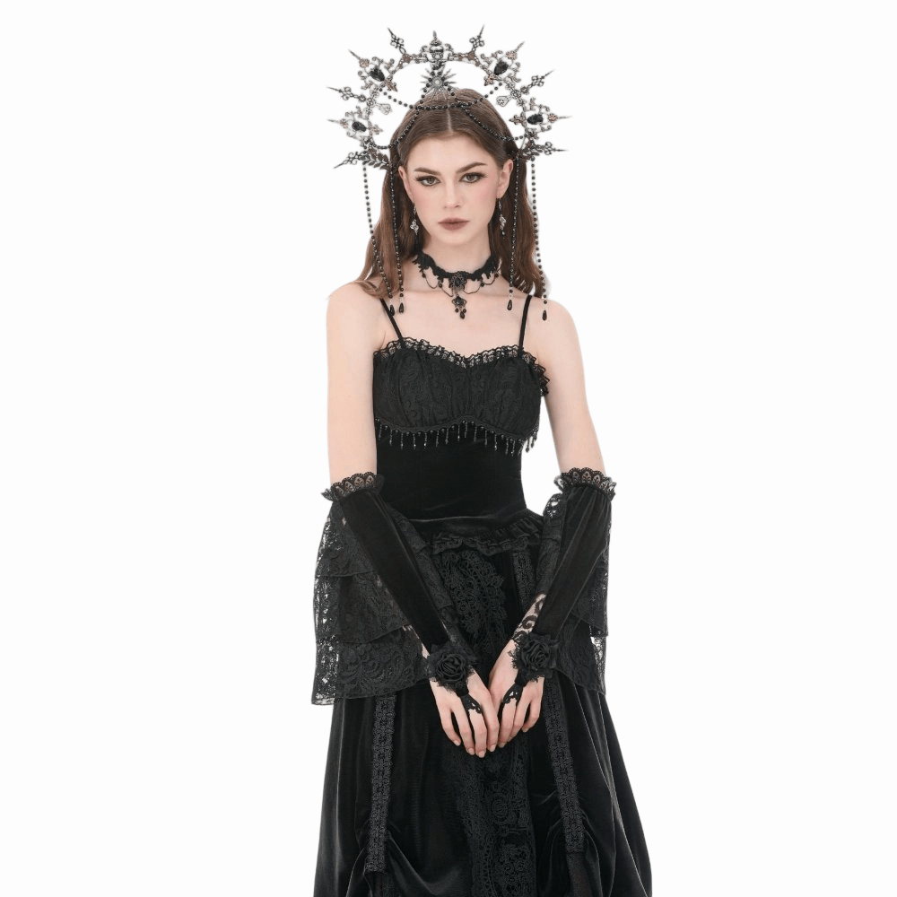 Darkinlove Women's Gothic Rose Velvet Splice Lace Flared Arm Sleeves