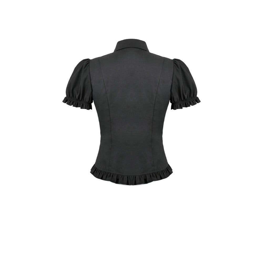 Darkinlove Women's Gothic Ruched Turn-down Collar Puff Short Sleeve Shirt
