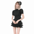 Darkinlove Women's Gothic Ruched Turn-down Collar Puff Short Sleeve Shirt