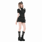 Darkinlove Women's Gothic Ruched Turn-down Collar Puff Short Sleeve Shirt