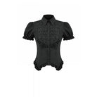 Darkinlove Women's Gothic Ruched Turn-down Collar Puff Short Sleeve Shirt