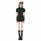 Darkinlove Women's Gothic Ruched Turn-down Collar Puff Short Sleeve Shirt