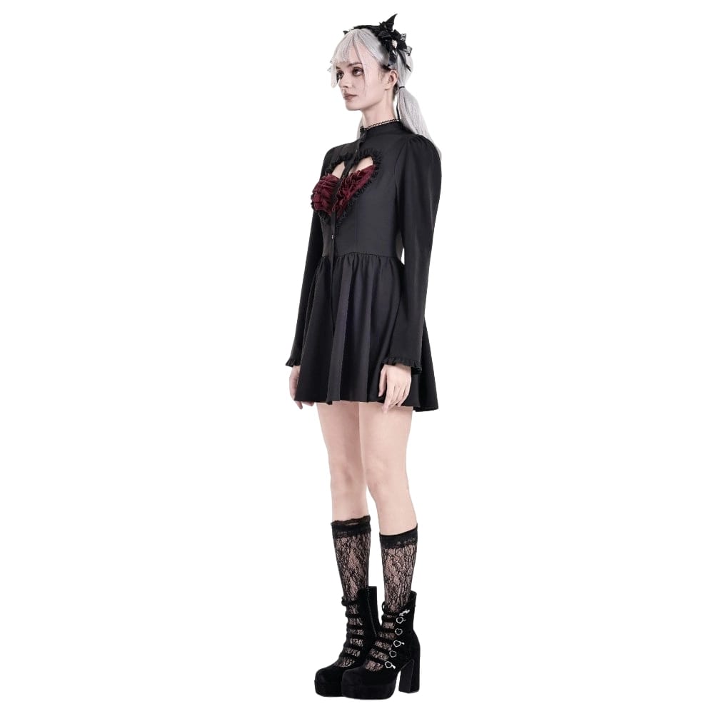 Darkinlove Women's Gothic Ruffle Cutout Heart Mock Neck Long Sleeved Short Dress