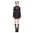 Darkinlove Women's Gothic Ruffle Cutout Heart Mock Neck Long Sleeved Short Dress