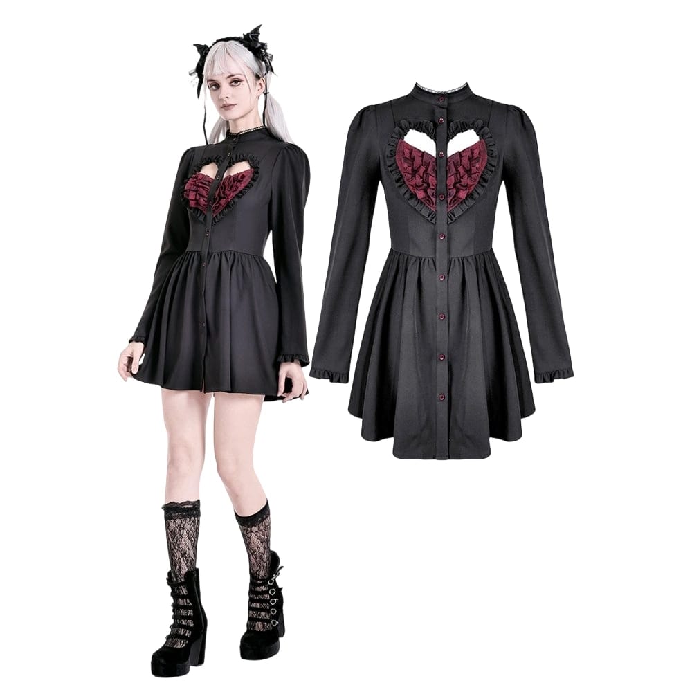 Darkinlove Women's Gothic Ruffle Cutout Heart Mock Neck Long Sleeved Short Dress