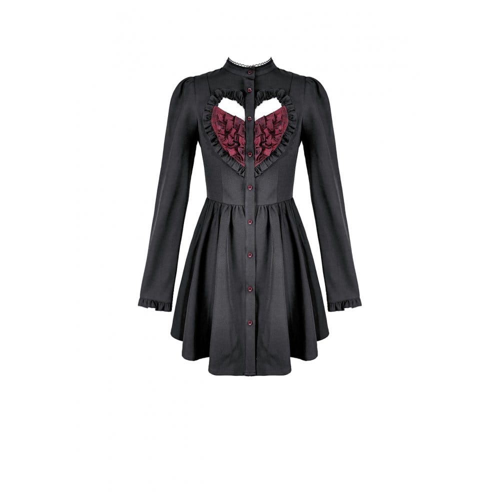 Darkinlove Women's Gothic Ruffle Cutout Heart Mock Neck Long Sleeved Short Dress